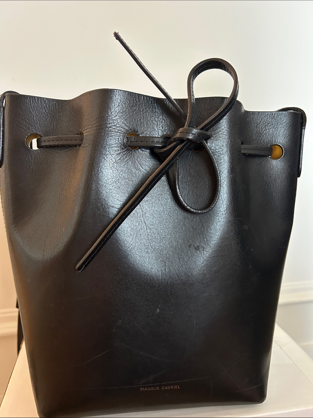 Mansur Gavriel Black Leather Drawstring Bucket Bag